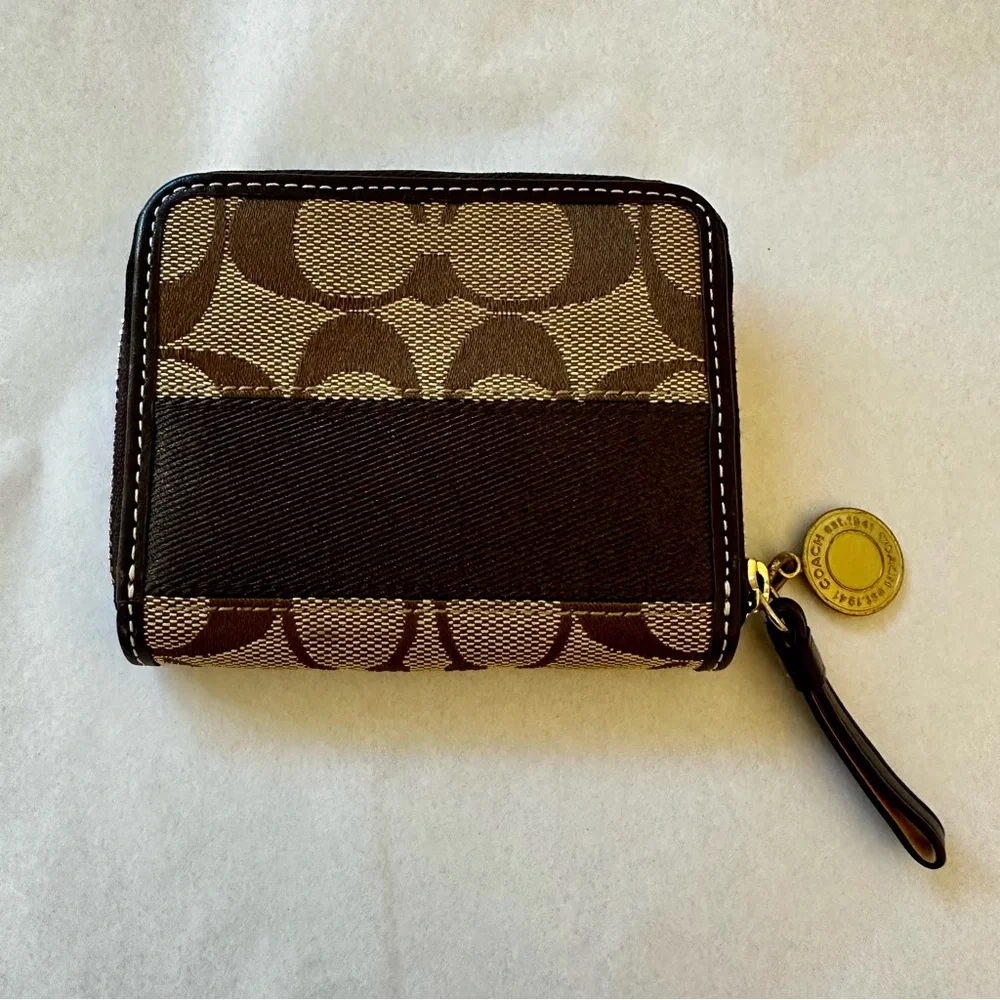 Coach Signature Stripe Zip Coin Wallet Card Case Brown Khaki Canvas Gold Charm